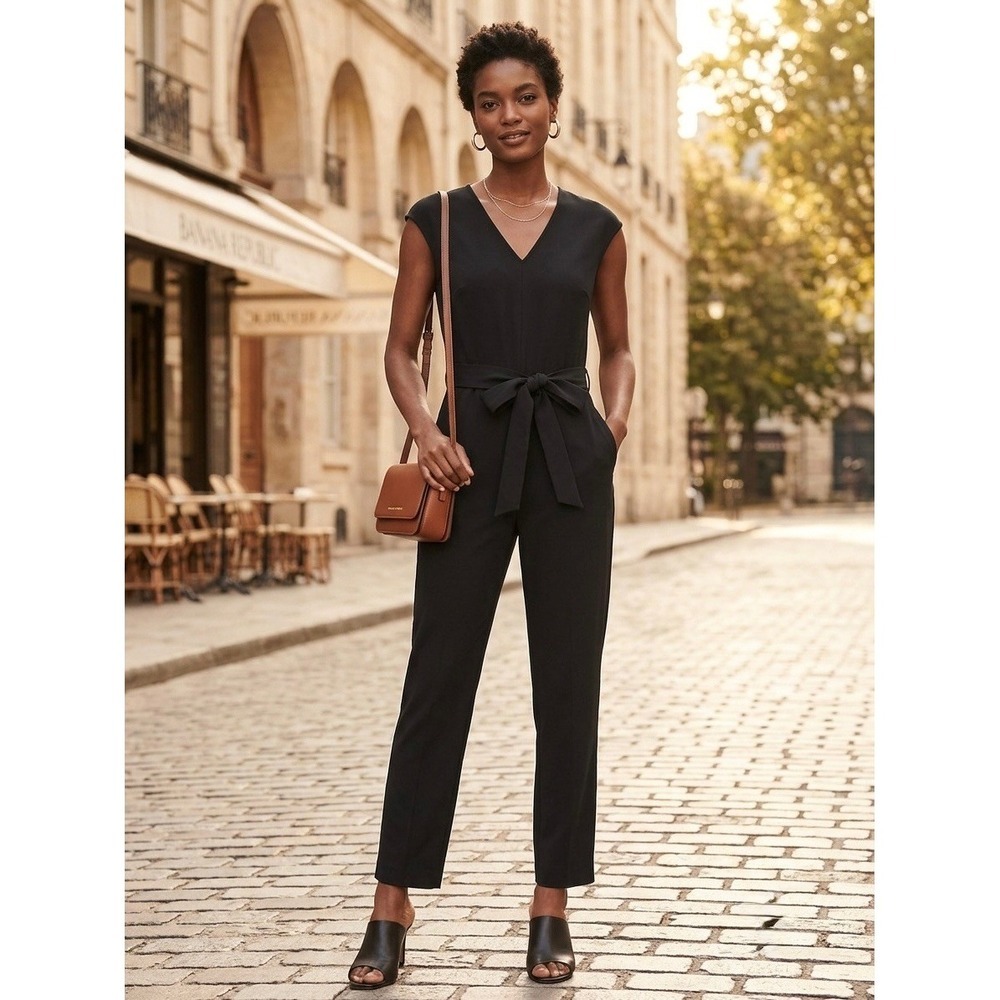 Banana Republic Womens Black V-Neck Sleeveless Tie Waist Tapered Jumpsuit Size 0